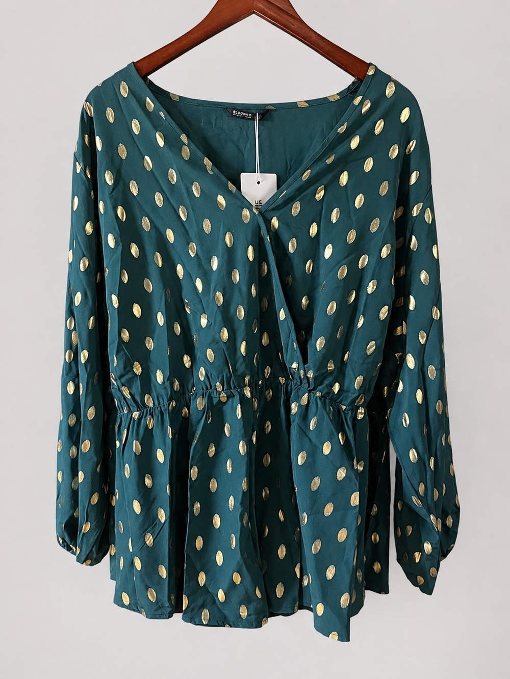 Unknown Brand Teal Green V-Neck Peplum Blouse with Gold Dots